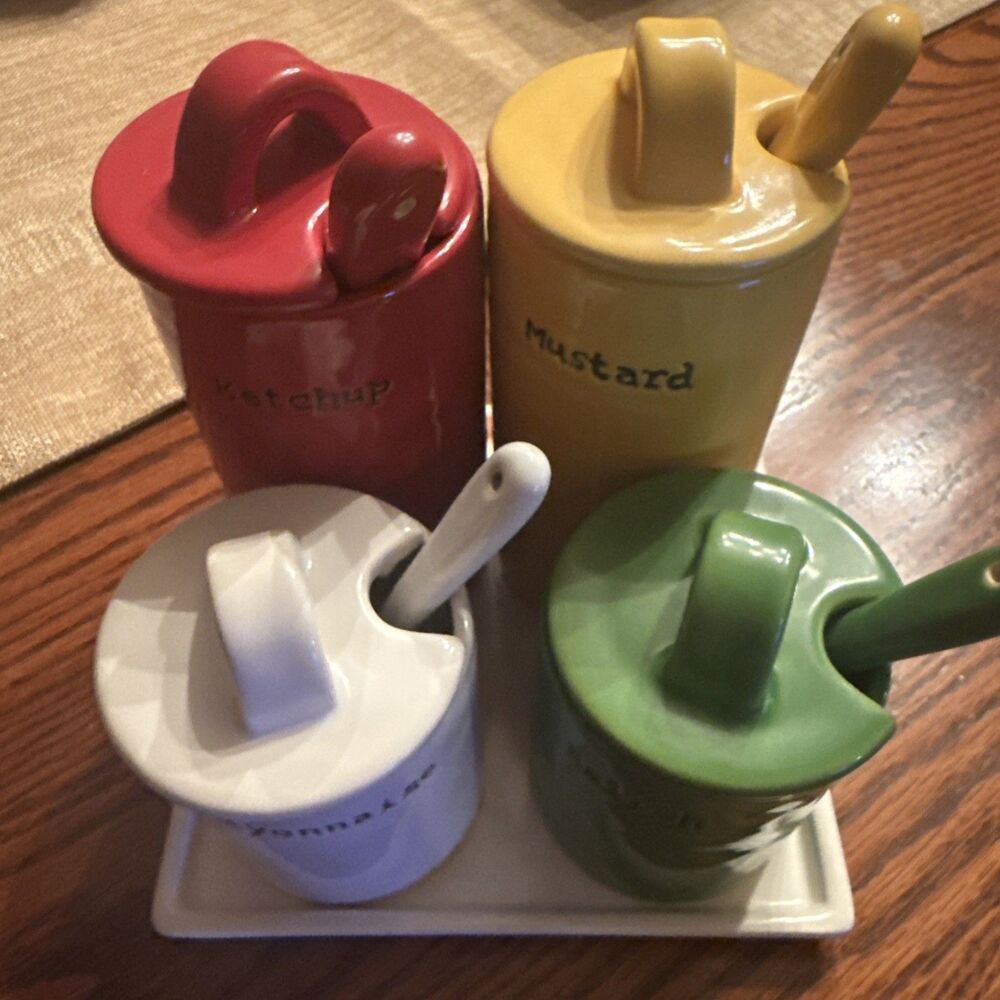 Pottery Barn BBQ Condiment Set with Tray - Ketchup Mustard Mayo Relish - RETIRED - Picture 2 of 4